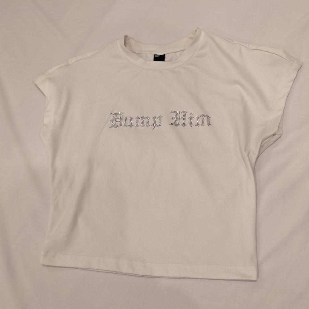 🩷5 for $50🩷 "Dump Him" White Rhinestone Cropped Tee Size S